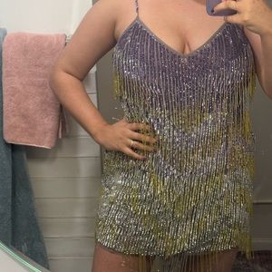 ASOS silver/purple/yellow sequin fringe dress